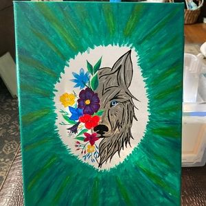 Hand painted wolf/ flowers